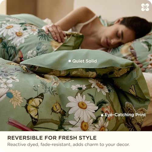 Bedsure PureWoven 100% Cotton Floral Duvet Cover Set - Queen, Green Garden, No Comforter Variation 06