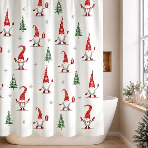 Sunlit Christmas Shower Curtain, Red Gnome Elf Doll and Xmas Trees
