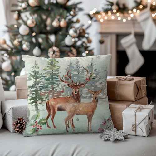 PANDICORN Winter Pillow Covers 18x18 Set of 4 Reindeer Sleigh Christmas Tree Forest Deer Xmas Winter Wonderland Decorations Outdoor Christmas Holiday Throw Pillow Cases for Sofa Couch Home Decor