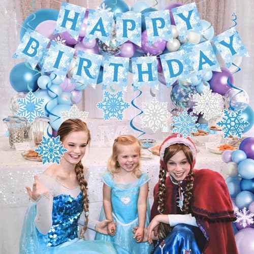 Winter Snowflake Hanging Swirl Happy Birthday Party Decorations Banner, Blue White Silver Christmas Glitter Snowflake Hanging Swirls for Winter Wonderland Birthday Party Supplies