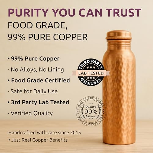 Hammered Copper Water Bottle 34 OZ - Pure, Ayurvedic, Leak-Proof, On-the-Go