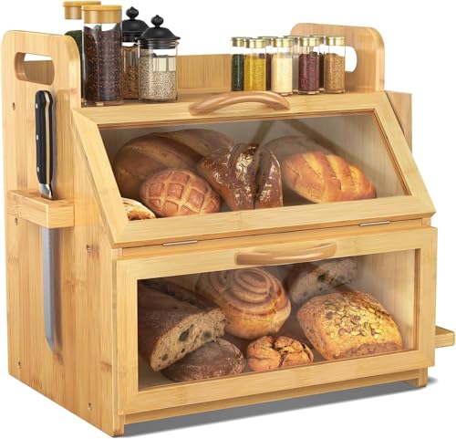 Extra Large Double Layer Bamboo Bread Box with Clear Window - Natural Farmhouse Kitchen Storage - L-Natural