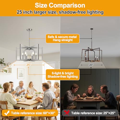 Brushed Nickel 6-Light Modern Adjustable Chandelier for Dining Room & Kitchen Island - No Assembly Needed