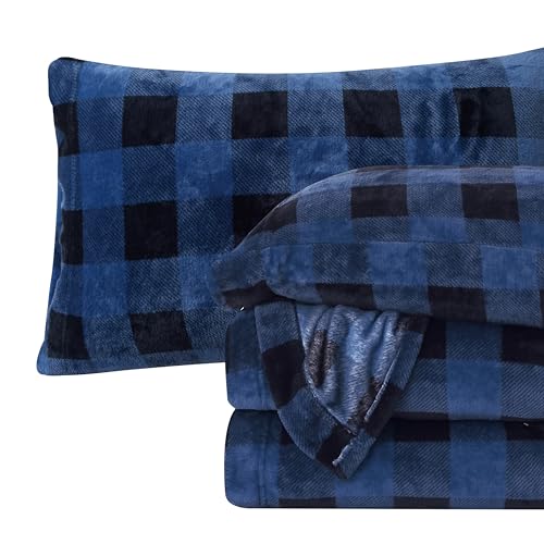 Elegant Comfort Buffalo Blue Queen Velvet Flannel Sheet Set - Soft Warm Cozy Bedding