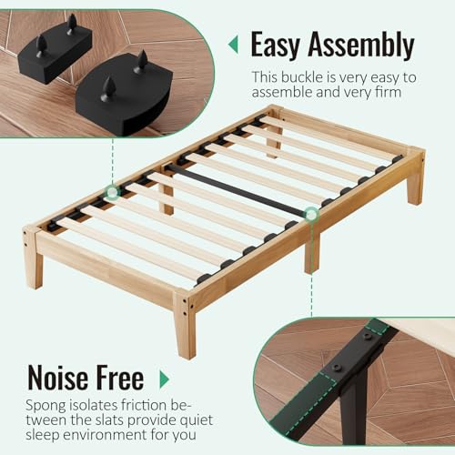Twin Size Solid Wood Platform Bed Frame 12 Inch Noise-Free Support - Natural Finish