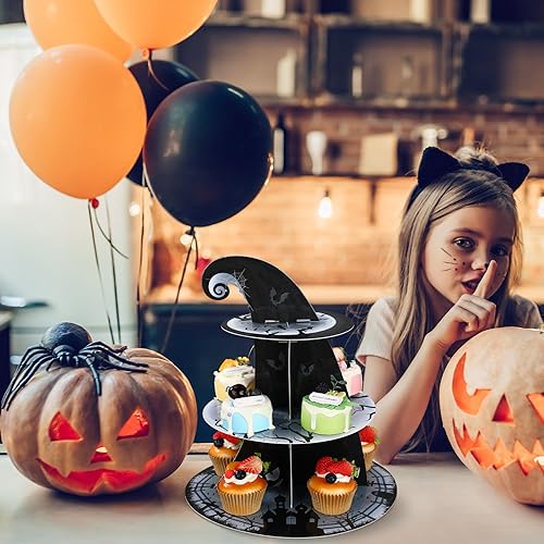 Zopeal 3-Tier Halloween Cupcake Stand (Classic) Cardboard Dessert Tower - Pumpkin, Bat & Witch Hat Theme