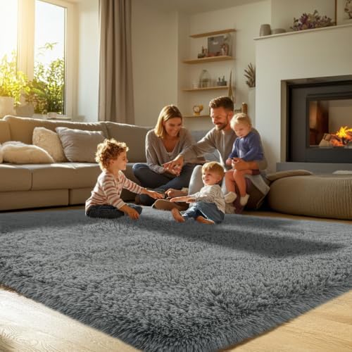 Grey 8' x 10' Fluffy Shag Area Rug for Living Room - Soft Microfiber Plush Carpet