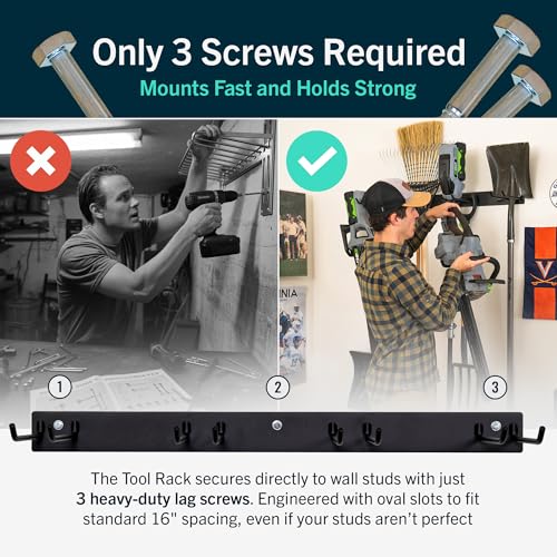 Heavy Duty Steel Garage Tool Organizer Set - 72 Inch Wall Rack with 8 Hooks - Supports 500 lb - Black