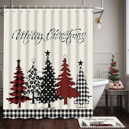 Capoda Plaid 4-Piece Merry Christmas Bath Set: Shower Curtain, 12 Hooks, Non-Slip Rug, Toilet Lid Cover & U-Shape Mat