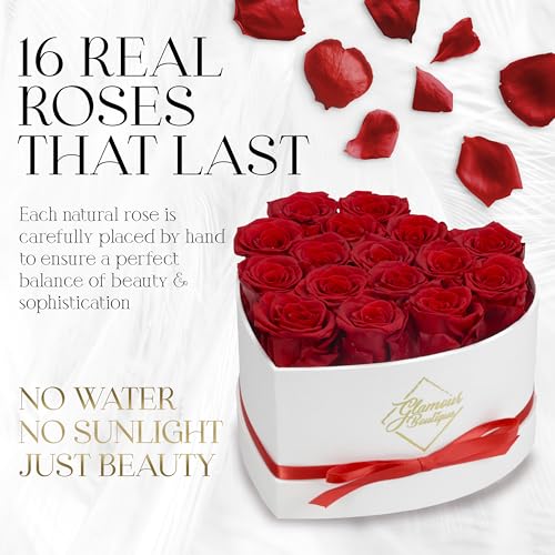 16 Red Preserved Roses Heart Box Gift for Her Wife Mom - Everlasting Flowers