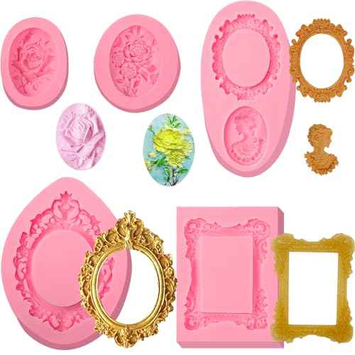 Baroque Frame Fondant Molds 5 Pack, Mini Photo Frame Relief Portrait Flowers Silicone Molds for Cake Decorating, Mousse, Chocolate, Cupcake Toppings, Candy, Sugar Craft, Clay, Epoxy Resin
