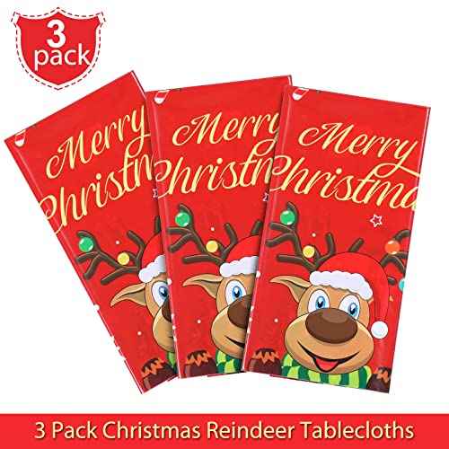 Irenare Christmas Tablecloth Plastic Reindeer Tablecloth Elk Merry Christmas Table Cover for Xmas Dinner Winter Holiday Party Decoration and Supplies, 54 x 108 Inch(3 Pieces)