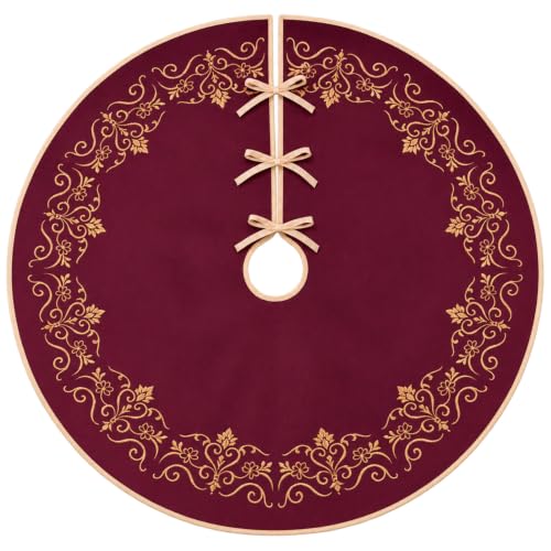 Scritism Burgundy Velvet Christmas Tree Skirt 36 Inch with Gold Embroidery