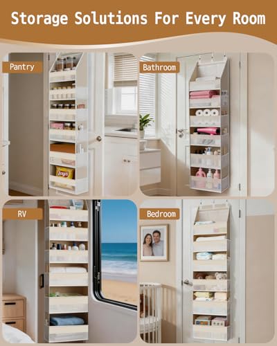 Beige Over The Door Organizer with 6 Large Pockets & 13 Mesh Side Pockets