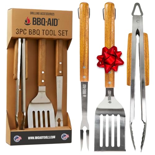 BBQ 3 Pcs Set - Heavy Duty Stainless Steel Grill Tools with Hard Wood Handles - BBQ-Aid
