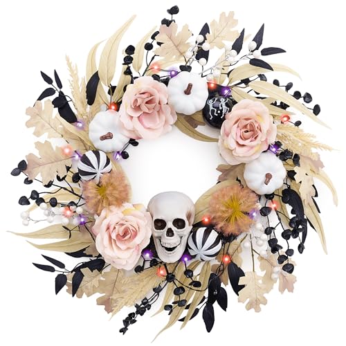 Valery Madelyn 18-Inch Halloween Wreath with Lights for Front Door Decor