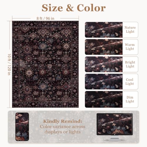 Dark Vintage Boho Area Rug 8x10 Rectangular Oushak Style with Non-Slip Dots