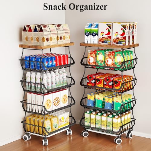 5-Tier Fruit and Vegetable Basket Stand with Wooden Top - Black, SAYZH