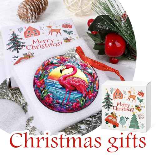 Flamingo Christmas Tree Ornaments - Stained Glass Hanging Art Decor for Window Home Elegant Round Ornament Small Sun Catcher Xmas for Bird Lover Women Gifts Exchange Idea