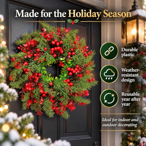 Cabilock 14-Inch Red Plastic Christmas Wreath for Doors & Walls