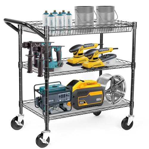750lb Capacity Heavy Duty 3-Tier Wire Utility Cart with Wheels - Black