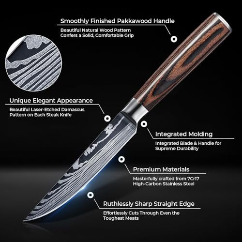 Senken Non-Serrated Damascus Pattern Steak Knife Set of 6 - Razor Sharp Stainless Steel & Wood Handles