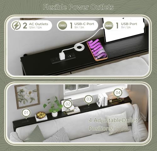 102.4-Inch Black Behind Couch Table with Dual Fast Charging Stations