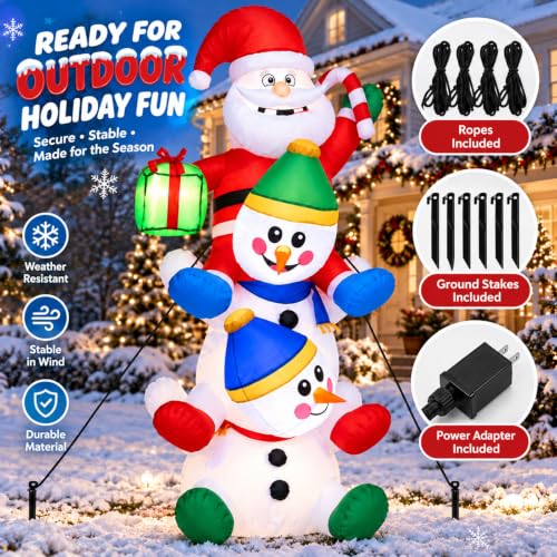 6.8 ft Santa on 2 Snowmen Inflatable Decoration with LED Lights