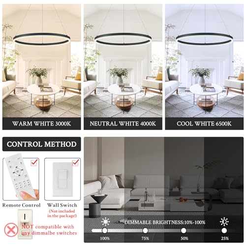 Black 24in Dimmable LED Pendant Light Ring Chandelier for Living Room & Dining