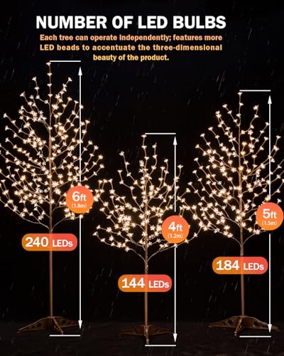 Lighted Cherry Blossom Tree Set - 4ft, 5ft, 6ft with Warm White LEDs - Year-Round Decor