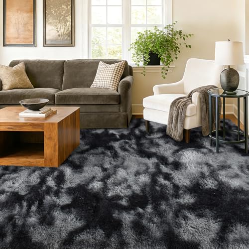 Extra Large Fluffy Tie-Dyed Dark Grey Area Rug 9x12 - Non-Slip Living Room