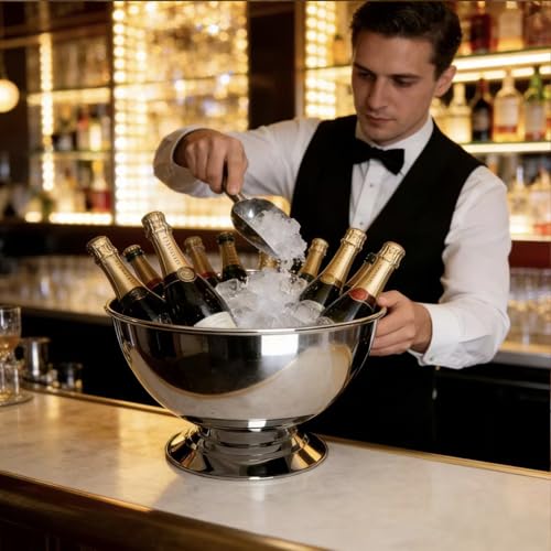 Silver 2-Pack Large Stainless Steel Champagne Buckets - 15.3" Ice Cooler with Detachable Base