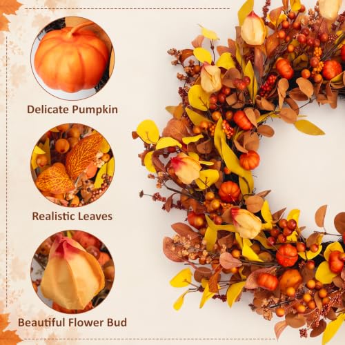 24-Inch Pumpkin Fall Wreath for Front Door - Autumn Harvest Decor - Pumpkin Variation