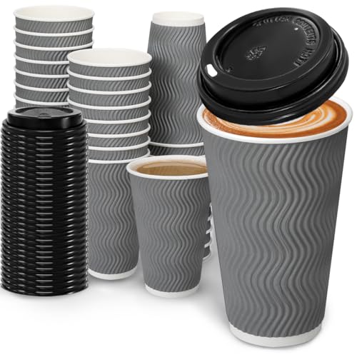 16oz Disposable Coffee Cups with Lids - 100 Pack, Heat-Insulated Paper Cups