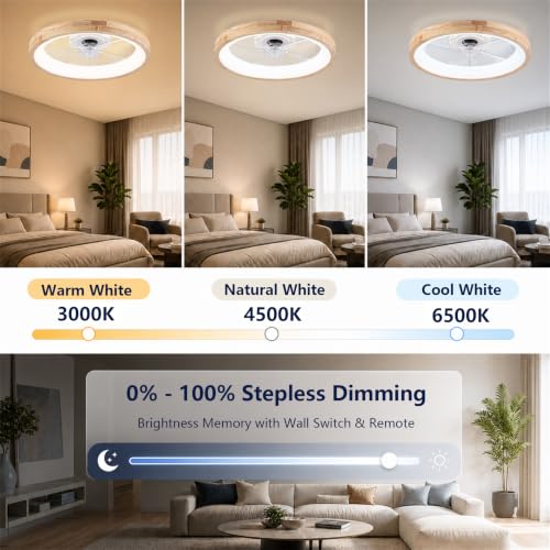 20-Inch Wooden Low Profile Ceiling Fan with Light and Remote - Dimmable & Reversible