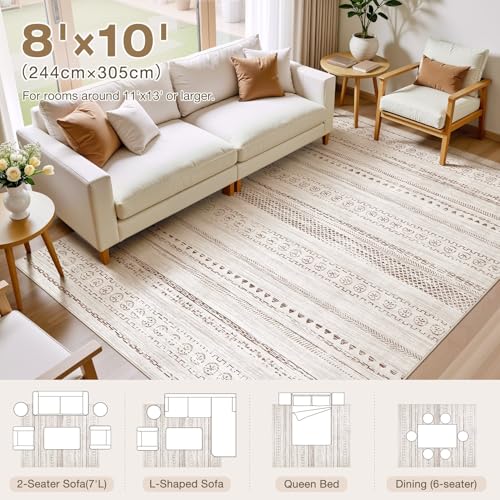 Kakania 8x10 Washable Area Rug - Boho Geometric Home Decor, Brown, Non-Slip, Machine Washable, Low-Pile for Living Room