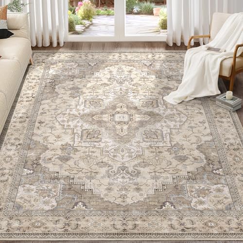 EIEIHOUSE 7x9 Rectangular Washable Vintage Area Rug for Living Room Brown/Multi