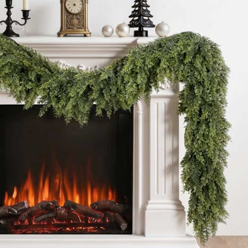 Celeora 9FT Artificial Cedar Garland Real Touch Christmas Greenery for Mantel Decor
