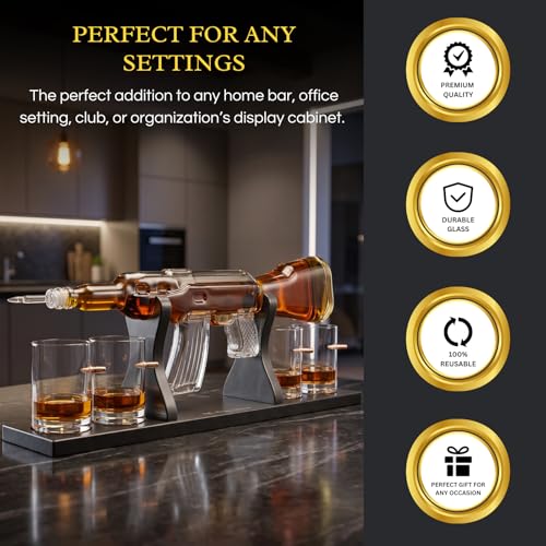The Wine Savant Luxury AK47 Gun Decanter & Bullet Glasses Set - Whiskey, Bourbon, Tequila Gift for Men & Dad