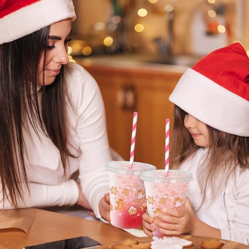 50 Pack Christmas Disposable Plastic Cups with Lids & Straws - Pink Gingerbread Theme, 12oz Party Supplies