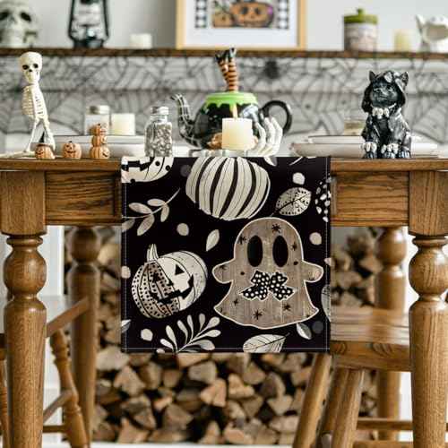 Artoid Mode Ghost Pumpkin Leaves Eucalyptus 210 GSM Halloween Table Runner,Seasonal Fall Kitchen Dining Table Decoration for Home Party Decor 13x90 Inch