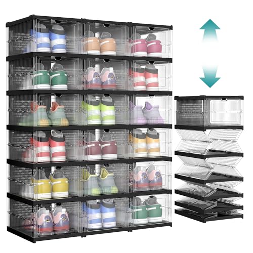 SONGMICS Foldable Shoe Storage Boxes 6-Tier Set with Transparent + Ink Black, Fits US Size 13, 18 Pack