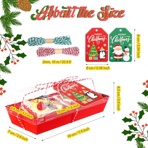 Mooliwe 50 Pcs Christmas Charcuterie Boxes with Ropes & Cards, 7.5" Clear-Lid Dessert Boxes, Red & Green Set for Xmas Party Favors (Variation: 50)