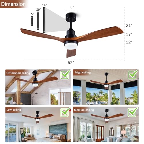 52-Inch Wooden Outdoor Ceiling Fan with Light and Remote Control - Black + Walnut
