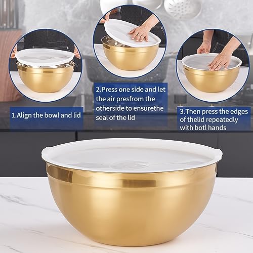 Moxinox Gold Nesting Stainless Steel Mixing Bowls Set of 7 with Airtight Lids