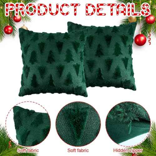 Mixweer 2 Set Christmas Tree Pillow Covers 18x18 Inch Green Christmas Throw Pillow Cases Decorations Plush Faux Fur Soft Cushion Case for Winter Xmas Holiday Home Bedroom Sofa