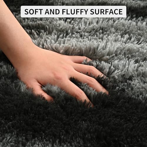Tepook Black Grey 6x9 Fluffy Shag Rug for Living Room & Bedroom
