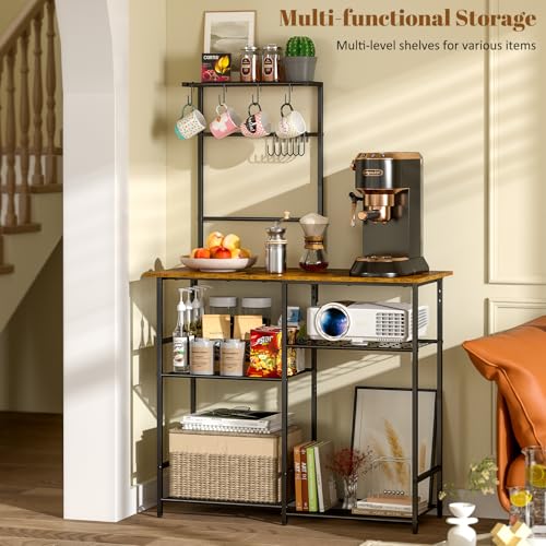 3IngSeagulls Rustic Brown 6-Tier Kitchen Baker's Rack with Adjustable Shelves & Hooks