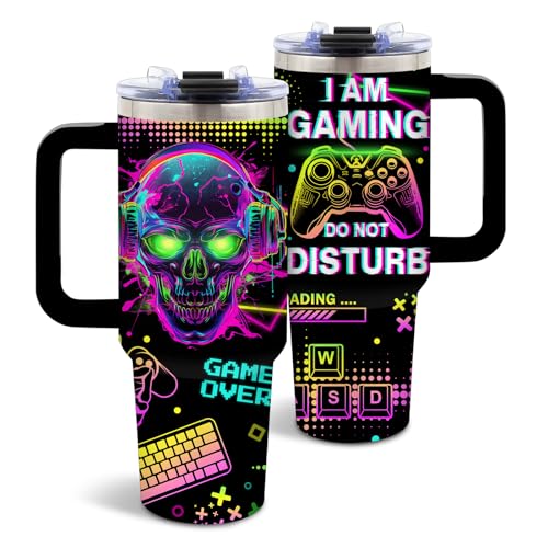 Neon Skull Gaming Tumbler 40oz Insulated Gamer Gift for Men & Teens