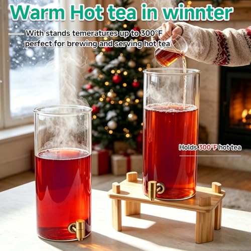 2-Gallon Beverage Dispenser Set with Bamboo Stand, Large Glass Drink Containers for Parties
